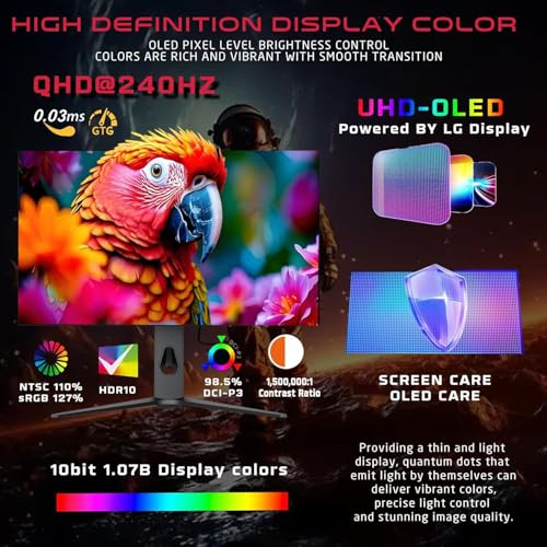 جيم اون شاشة العاب OLED QHD مقاس 27 انش، 240 هرتز، 0.03 مللي ثانية، HDMI 2.1، DP 1.4، USB-C 65 واط، HDR10، فري سينك، جي سينك، 10 بت، 98.5% DCI-P3، KVM، RGB، ارتفاع قابل للتعديل