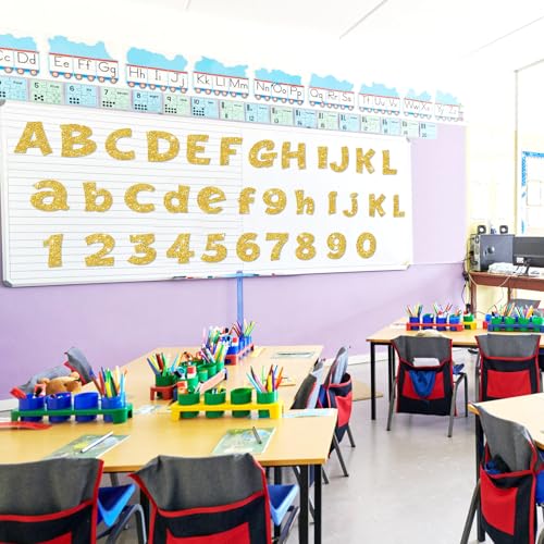 Image of Colarr 216 Pcs Gold Glitter Bulletin Board Letters for Classroom Number Alphabet Punctuation Symbol Cutout 4'' Die-Cut Poster Letter with Adhesive Dot School Graduation Party Holiday Decor Display