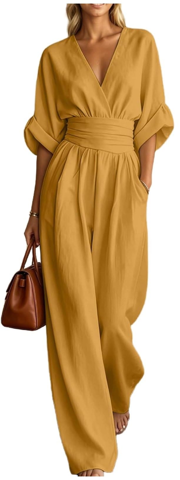 Lino Mono Mujer Elegante Media Manga Cuello en V Color Liso Moda Mujer Mono Casual Calle Glamour Monos Cintura Entallada con Bolsillo Ligera Cómodos para Fiesta Bodas Trabajo Oficina