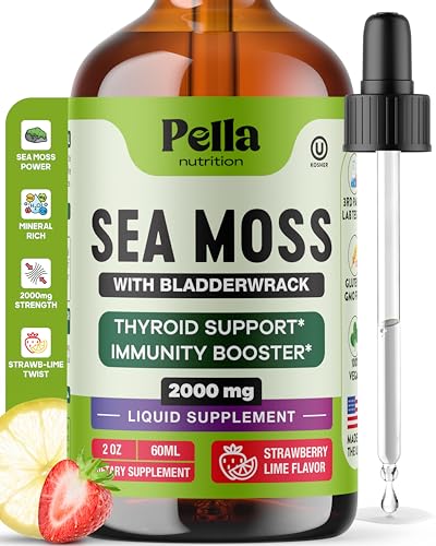 Pella Nutrition Sea Moss Drops with Bladderwrack 4X Faster Absorption Than Irish Sea Moss Gel Superfood Gummies and Capsules Digestive & Immune Support Supplement (Strawberry Lime 60mL)