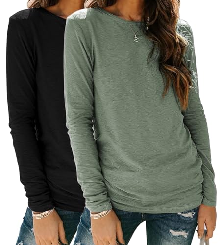 YUTILA 2er Pack Damen Langarmshirt aus 95% Baumwolle Basic Rundhals Einfabrig Shirt Casual Lässig Oâ€¦ – Vignette