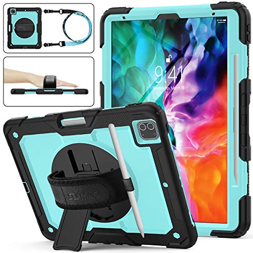 Buy 1 get 1 SEYMAC stock Case for iPad Pro 12.9 2020, Protection Case with 360 Degrees Rotating Stand [Pencil Holder] [Screen Protector] Hand Strap for iPad Pro 12.9 2020 (SkyBlue+Black)