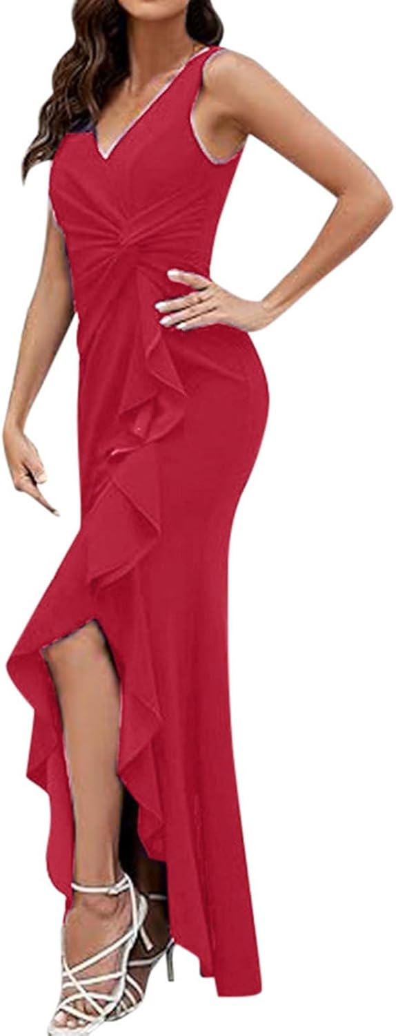 Elegant Women's V Neck Sleeveless Bodycon Maxi Dress for Evening Events and Parties Sleeveless V Neck Maxi Dress