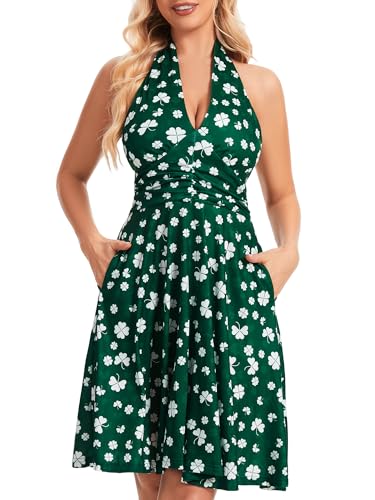 Image of Women's Festival Dress- Halter V Neck Sleeveless Ruffle Mini Dresses with Pocket