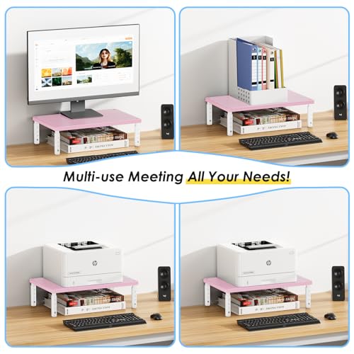 Image of ECOLOVI Adjustable Wood Computer Monitor Stand Riser, Office Desk Organizer and Accessories for Monitor, Laptop, PC, Printer, Office Desk Accessories Workspace Organizer for Home Office Supplies, Pink