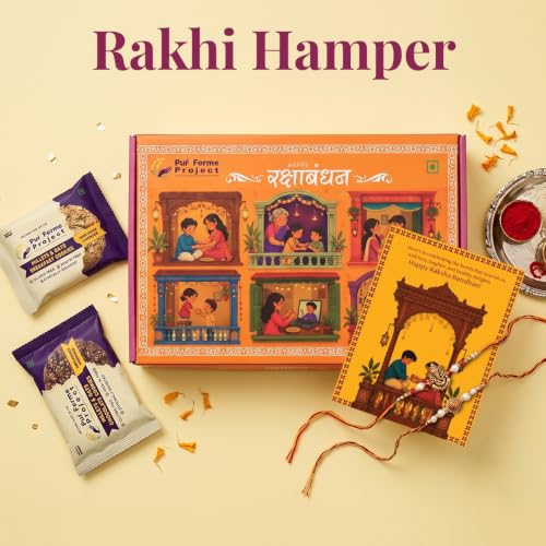 Image of PurFerme Project Bhaiya Bhabhi Rakhi Gift Hamper for Brothers & Sisters | 8-Items Combo with Kundan Rakhi, Millet & Oats Chocolate and Breakfast Cookies & Roli Chawal | Raksha Bandhan Gift Box