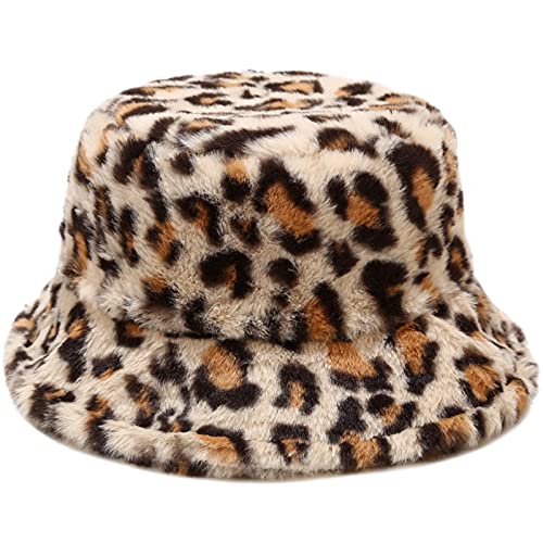 Mujer Hombre Invierno Leopardo Beige Gorro de Pescador de Piel Sintética Cálido Esponjoso Felpa Sombrero de Pescador Sombrero de Cubo Peludo Cover