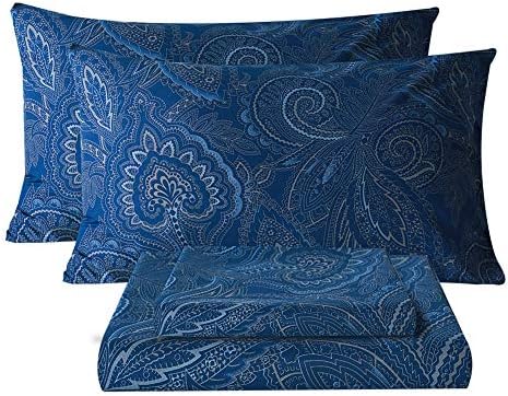 Bedlifes Queen Sheet Set Ultra Soft Breathable Silky Bed Sheets Deep Pocket 100% Microfiber Bedding Sheets 4 Piece Queen Size Paisley Dark Navy Blue