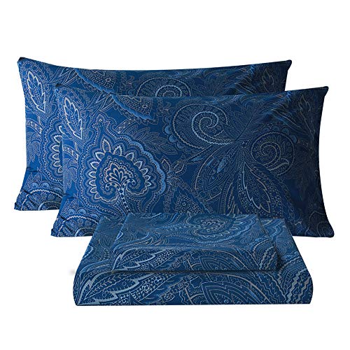 Bedlifes Paisley Sheets King Luxury Ultra Soft Wrinkle-Free Hypoallergenic Pattern Printed Bed Sheets Deep Pocket Flat Sheet& Fitted Sheet& Pillowcases 100% Microfiber 4 Piece King Size Navy Blue