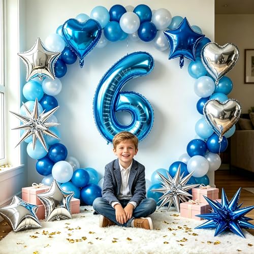 Image of TONIFUL 6th Birthday Balloons Kit 40 Inch Blue Large Number 6 Foil Balloon | with 18Inch Helium Mylar Heart Star Shaped Balloons for Boy Men Birthday Anniversary Graduation New Year Eve Party Decoration