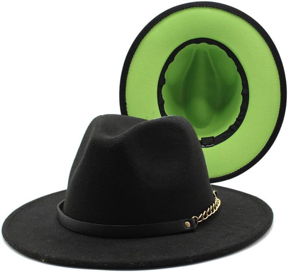 Wide Brim Fedora Hat with Red Interior, White, Black Band with Gold Chain