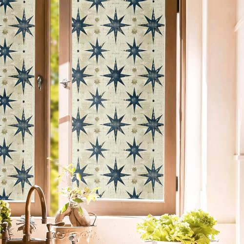 Grey Blue Star Boho Geometric Beige Modern Stained Glass Window Films Decorative Double-Side Privacy Film Self-Adhesive Static Clings for Living Room Bathroom Glass Windows Decor