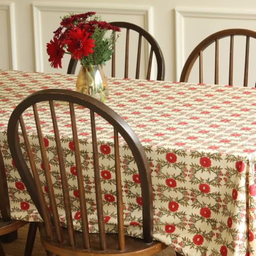 Image of THE YARD HOUSE Wipeable & Anti-Slip Hand Block Printed Cotton Table Cover - Field of Poppies, 6 Seater Rectangle (60 inch x 90 inch) Ideal for Families - Protects Against Spills, Scratches, and Damage.