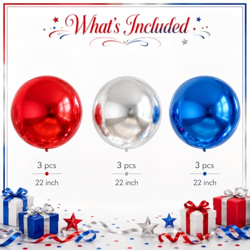 Image of 9 Pcs Red Blue Silver Round Foil Balloons Red Royal Navy Blue Metallic Silver Chrome 4D Ball Mylar Balloons for 4th of July Birthday Anniversary Patriotic American Flag Graduation Party Decor