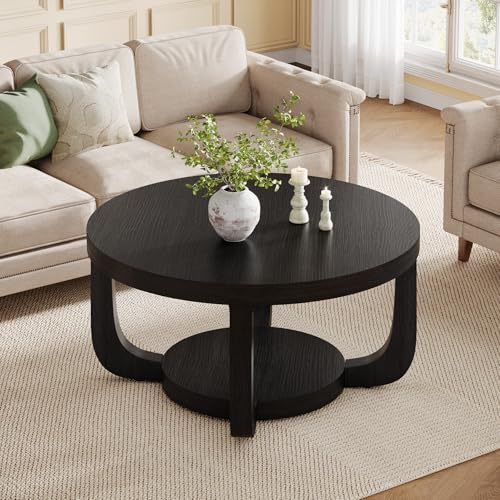 Image of Tribesigns Round Coffee Table, 2-Tier Circle Coffee Table with Storage, Modern Wooden Accent Center Table for Living Room, Thick Tabletop & Base, Black