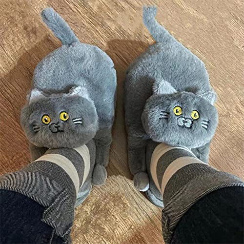 Cat Slippers for Women Kawaii Cute Plush Animal Slippers Fuzzy Warm House Shoes Winter Cat Slippers for Indoor and Outdoor (Gray)4