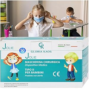 50 kindermaskers, gemaakt in Italië, CE-gecertificeerd, verzegeld in 5 verpakkingen van 10 stuks (lichtblauw)