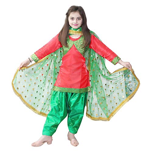 Image of Kaku Fancy Dresses Indian State Punjabi Folk Dance Costume For Kids | Baisakhi /Lohri Festival Dance Costume | Salwar Suit With Dupatta For Girl Costume - Red & Green, 3-4 Years