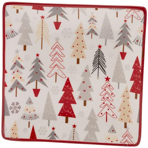 Boston International Ceramic Square Tapas Plate Christmas Serving Platter Tray, 6.25 x 6.25 Inches, Festive Trees