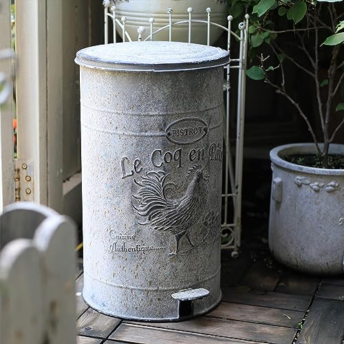 Image of Z&Z ornamentorum Retro Kitchen Trash Can with Lid 15 Liter /4 Gallon and Pedal Round Touchless Garbage Cans with Rooster Patterns Outdoor Trash Can for Kitchen Park Garden Grey