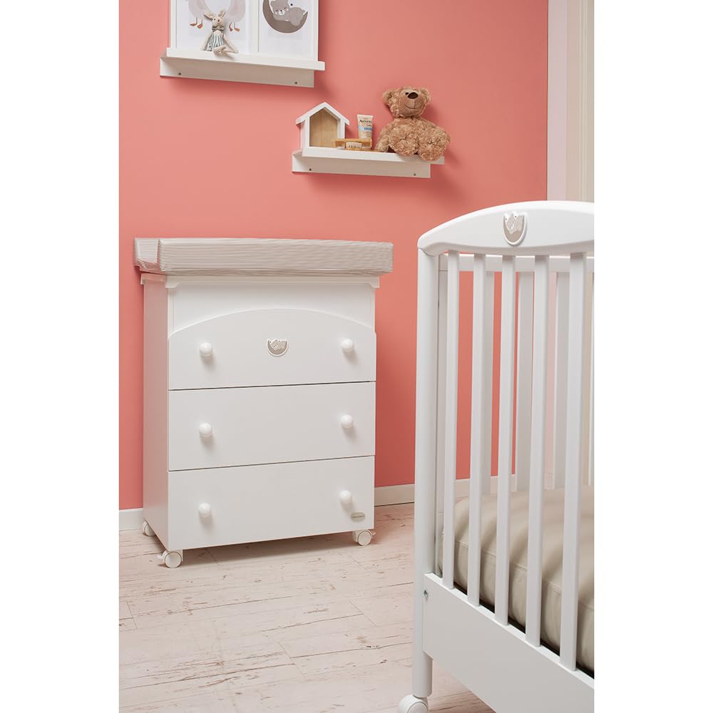 Foppapedretti Bagnetto Fasciatoio Mybear, Made in Italy, Legno di faggio, 3 cassetti, Vaschetta anatomica estraibile, 4 ruote 2 con freno, 94x78x56 cm, Bianco