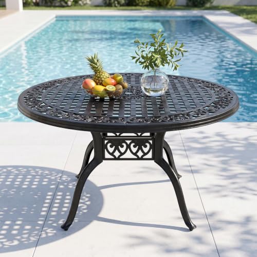 Image of 48 Inch Outdoor Dining Table Round Patio Bistro Table Powder-Coated Cast Aluminum Frame Patio Dining Table Garden Table with Umbrella Hole (Black)