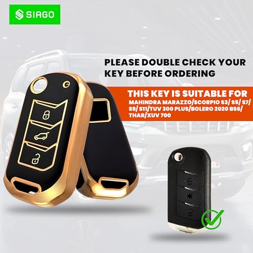 Image of SIAGO SIA354 TPU Key Cover and Metal Keychain Compatible for Mahindra Scorpio 2019+| Bolero 2020+ XUV 300 | Marazzo | XUV 700 | XUV 400 ev | Bolero | Thar 2020+ 3 Button Flip Key (Black Pack of 1)