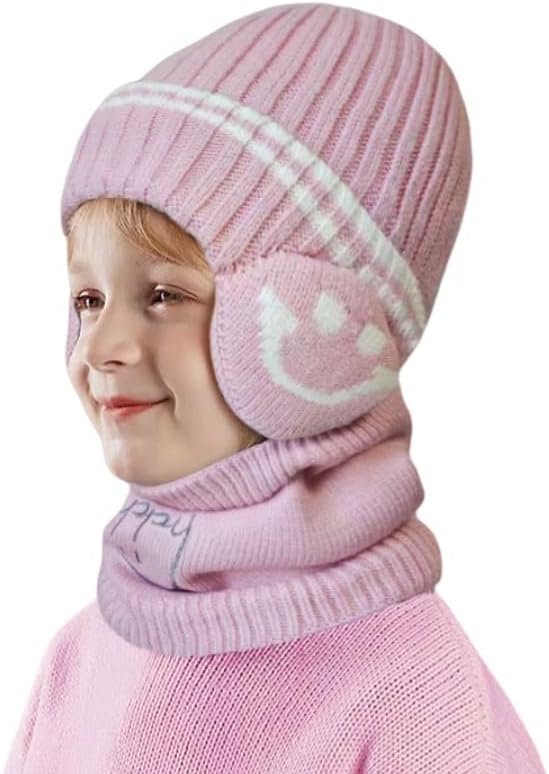 Kids Winter Hat and Scarf Set – 2PCS Warm Knit Ear Covering Beanie & Infinity Scarf for Boys Girls 4-10 Years