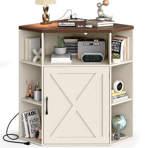 Image of Halitaa Corner Storage Cabinet, 6-Cubby Wooden Cabinet with USB Ports and Outlets, Farmhouse Corner Bookshelf with Storage Industrial Organizer for Study, Playroom, Living Room, White and Brown