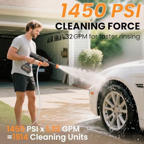 Flouritech Cordless Pressure Washer, 1450PSI Portable Power Washer with 6-in-1 Nozzle, 21V Hand Held Pressure Washer with 2 Batteries, Electric Power Cleaner for Car, Garden, Home - 1
