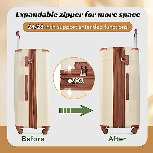 Merax 28 Inch Checked-Large Luggage with Wheels Aluminum Alloy Corner Hard Shell Suitcase TSA Luggage Suitcases for Travel Woman Men(White Brown)4