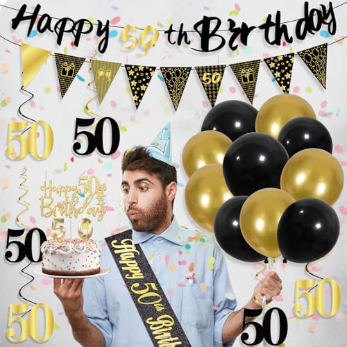 Image of 50th Birthday Decorations for Men, Black Gold 50th Party Decoration Kits | 27pcs Happy 50th Birthday Set, Banner, Honeycomb, Balloons, Gold Number, Candle, Hanging Swirls, Cake Topper, Party Supplies