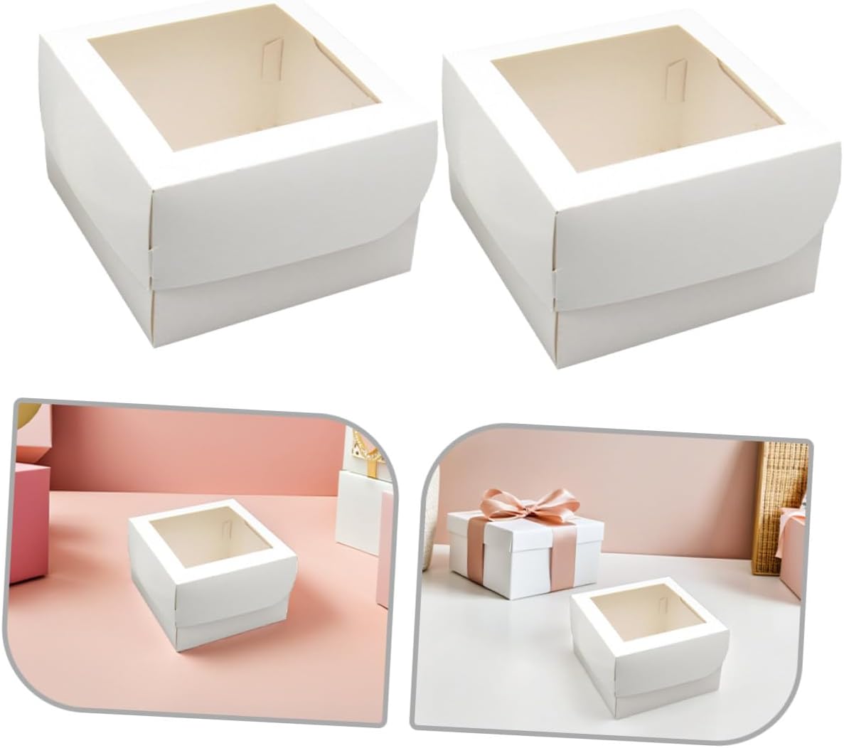 Bakery Cake Boxes with Window 4-inch Square Food-grade 350g White Cardboard with Paper Tray, Portable Dessert Packaging for Cupcakes and Pastries, 25pcs
