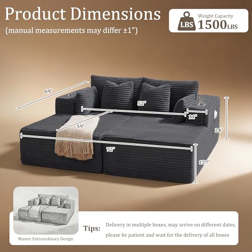 Image of 72 inch Cloud Sectional Couch, Comfort Sleep Sofa for Living Room, Extra Deep Seats No Assembly, Minimalist Modular Couch, Corduroy (Dark Grey, Loveseat Chaise)