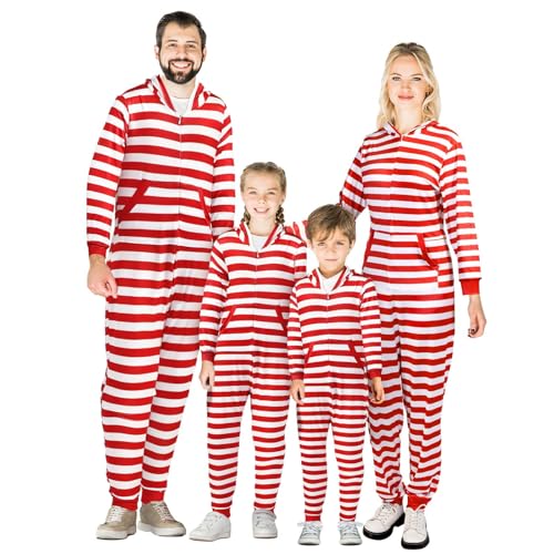 Couples Matching Christmas Pajamas Sets Striped Family Jumpsuit Hooded Long Sleeve