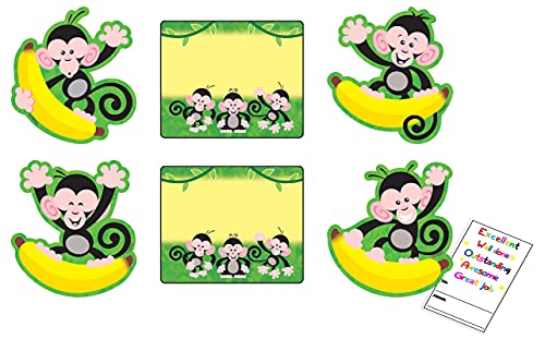 Monkey Cutouts and Monkey Name Tags for Classroom - Monkeys and Banana Themed Bulletin Board Cutout, Name Tag, Mini Reward Card Set | for Wall Border Decor, Paper Crafts, Jungle Party Decorations