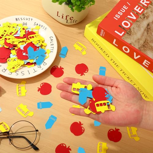 Image of Whaline 300 Pcs Back To School Table Confetti School Bus Apples Pencil Shaped Confetti Yellow Red Blue Table Centerpiece for First Day of School Party Decoration