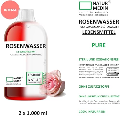 NATURMEDIN 2.000-ml (2 x 1.000-ml) LEBENSMITTEL ROSENWASSER INTENSE 100% naturrein Rosa damascena Blütenwasser ohne Zusatzstoffe NATURMEDIN®