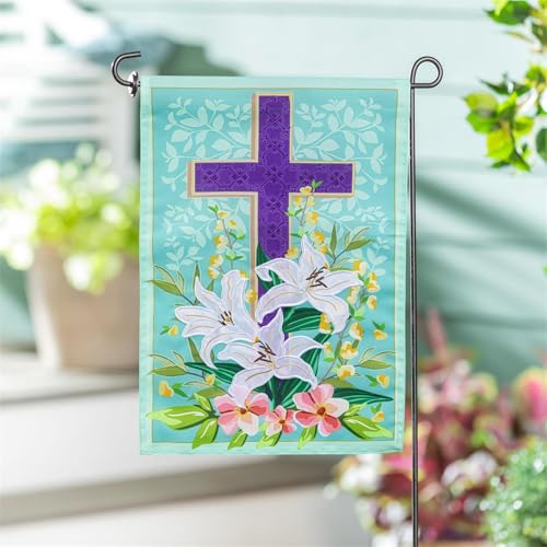 Evergreen Flag Happy Easter Garden Flags 12x18 double sided, Small Flags For Outside, Welcome Easter Spring Decoration for Home Yards Gardens Porch (Cross with Lily)