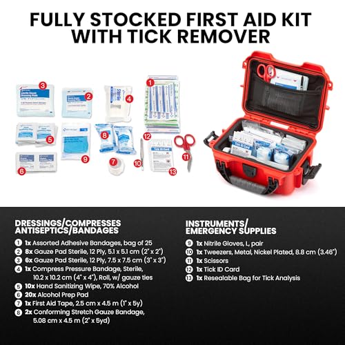 Image of NANUK 903 - Small Waterproof First Aid Kit 78pcs - Pre-Stocked First Aid Emergency Kit with Bandages, Tick Removal Tool, and More - Dustproof, Impact-Resistant, Floats (7.4 inch x 4.9 inch x 3.1 inch) - Red | Dustproof and Crushproof Hard Case, 78-Piece Pre-Stocked Kit, Interior 7.4 X 4.9 X 3.1, Floats