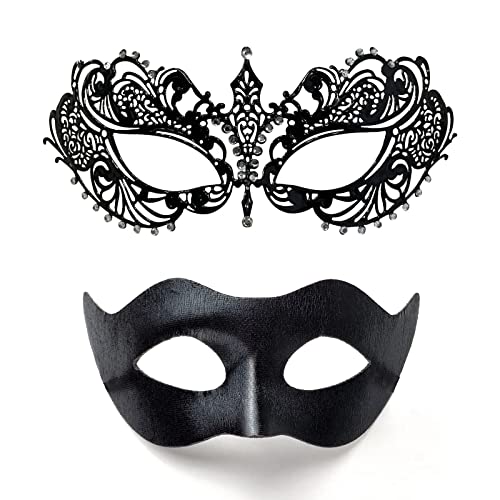 HyperFun Masquerade Mask for Couples Women Men Stylish Metal Mask And Leather Set, Fit for Venetian Halloween Masks, Specially for Costume, Theme Parties (Ana Black)