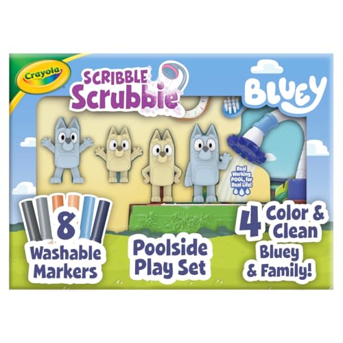 Crayola Scribble Scrubbies Bluey Poolside Playset (4ct), Washable Bluey Toy Set for Kids, Holiday for Toddlers, with Bingo, Chilli, and Bandit, Ages 3+