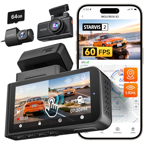 WOLFBOX X3 2.5K 1440P 60FPS Dash Camera, STARVIS 2 IMX675 with ADAS, 1440P+1080P Dual Dashcam Front and Rear Camera with Built-in 5.8GHz WiFi & GPS, 64GB Card, Touch Screen, G-Sensor, Loop R