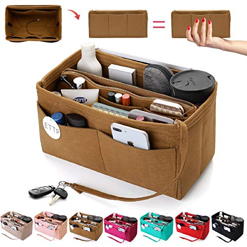 Ettp Purse Organizer Insert, Felt Tote Organizer Insert With Metal Zipper, Handbag Organizer For Speedy, Neverfull, Tote, Handbag, 7 Colors 5 Sizes (Medium, Coffee) #TOP7