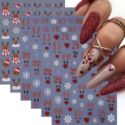 6 Sheets Christmas Glitter Elk Nail Art Stickers 3D Self-Adhesive...