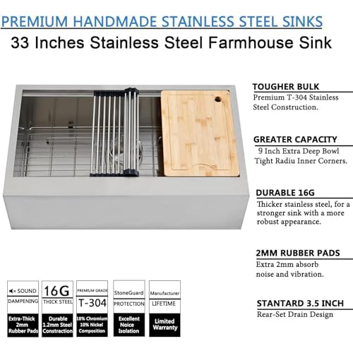 Image of SHACO 33 Inch Stainless Steel Farmhouse Sink, 33x20 Single Bowl Ledge Workstation Flat Apron Front Farm Kitchen Sink with Cutting Board, Brushed Nickel