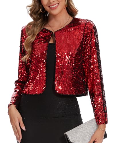 Image of MINTLIMIT Women's Sequin Jacket Long Sleeve Open Front Sparkly Shrugs Glitter Cropped Bolero Cardigans