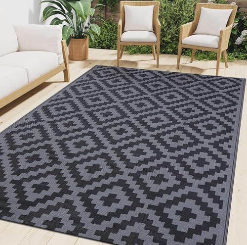 smiry Outdoor Rug Waterproof Garden Rugs UV-Resistant Outside Patio Carpet Reversible Plastic Straw Mat for Balcony, Camping, Picnic, Backyard - 120 x 180 cm, Black & Grey