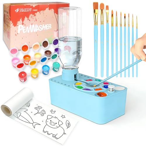 Paint Brush Cleaner Tool Painting Running Water Circulation Art Supplies with Brushes Colors Paint Watercolor Paper Paint Station Creative Gift for Kids Girls Adult Artist Beginners Blue