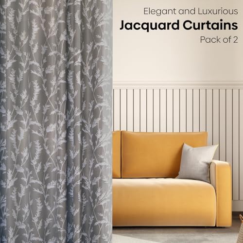 Image of haus & kinder Printed Jacquard Window Curtains 5 Feet Long Pack of 2 Window Curtains, 5 Feet Curtains for Window (Whispering Willows, Slate 130x152 CM)